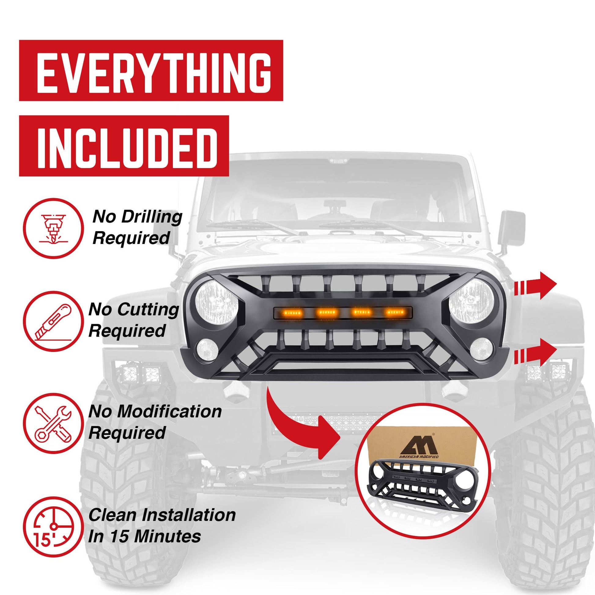 AMERICAN MODIFIED Armor Grille with Amber Lights, 07-08 Jeep Wrangler JK, Black - Find Fresh Goods
