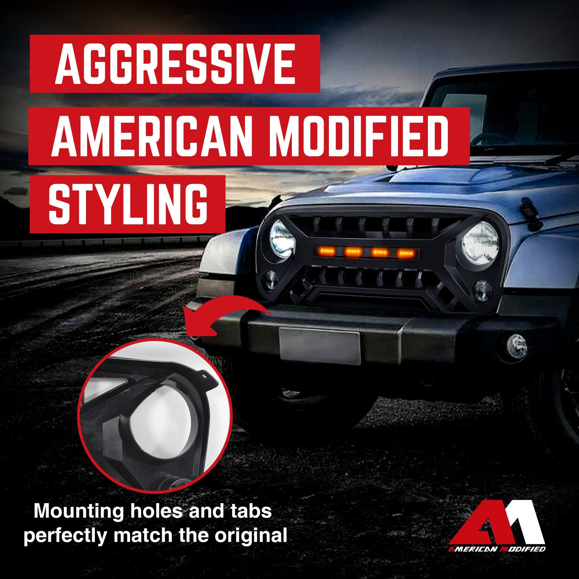 AMERICAN MODIFIED Armor Grille with Amber Lights, 07-08 Jeep Wrangler JK, Black - Find Fresh Goods