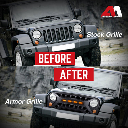 AMERICAN MODIFIED Armor Grille with Amber Lights, 07-08 Jeep Wrangler JK, Black - Find Fresh Goods