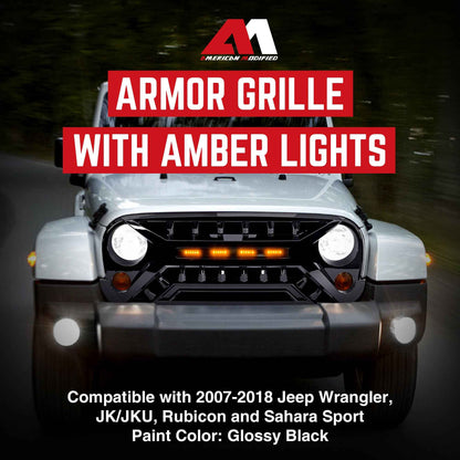 AMERICAN MODIFIED Armor Grille 07-18 Jeep Wrangler JK w/ Amber LED, Glossy Black