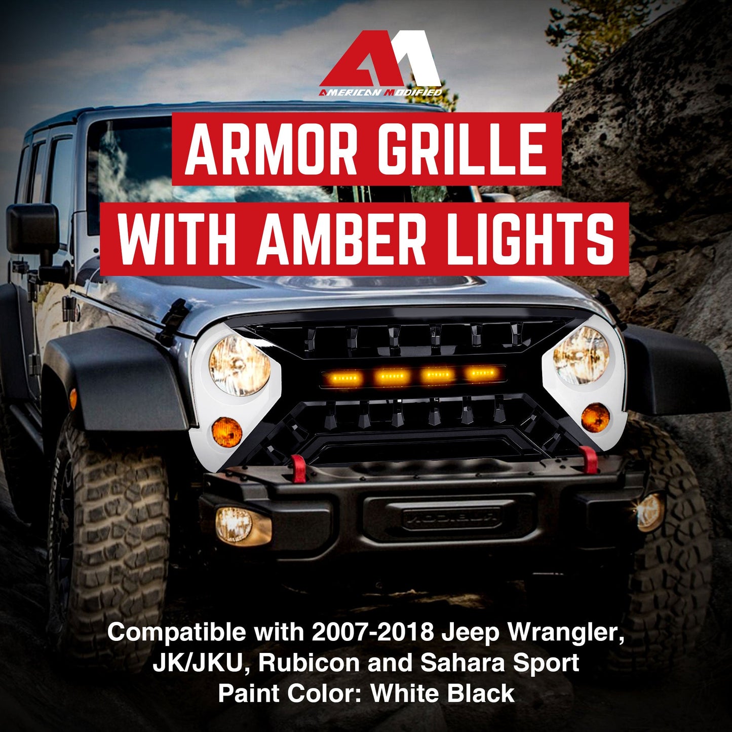 AMERICAN MODIFIED Armor Grille 07-18 Jeep Wrangler JK w/ Amber LED, White/Black - Find Fresh Goods