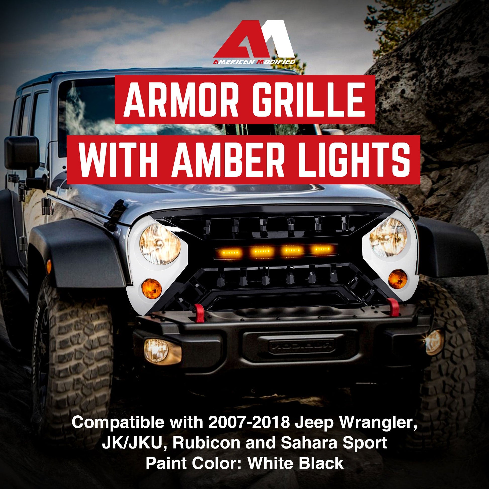 AMERICAN MODIFIED Armor Grille 07-18 Jeep Wrangler JK w/ Amber LED, White/Black - Find Fresh Goods