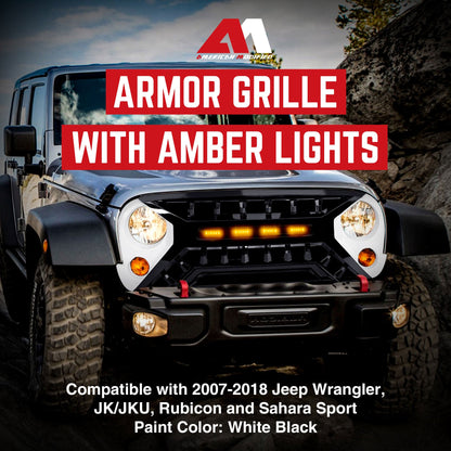 AMERICAN MODIFIED Armor Grille 07-18 Jeep Wrangler JK w/ Amber LED, White/Black - Find Fresh Goods