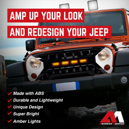 AMERICAN MODIFIED Armor Grille 07-18 Jeep Wrangler JK w/ Amber LED, White/Black - Find Fresh Goods