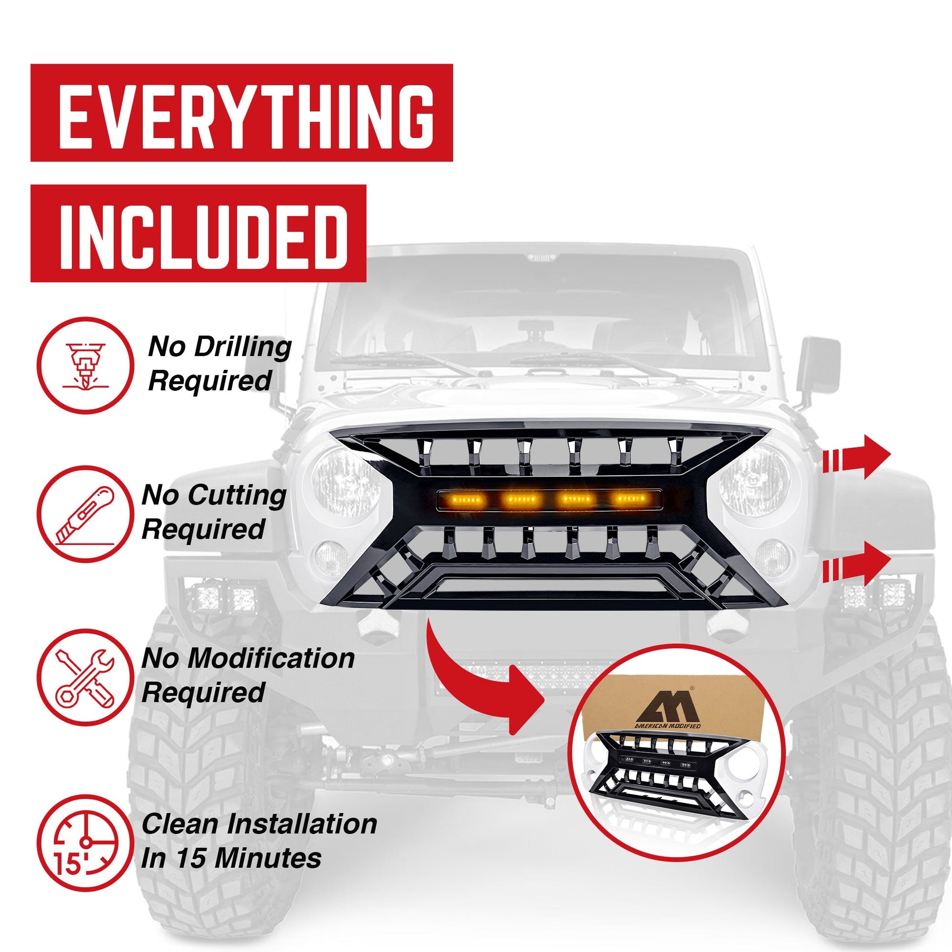 AMERICAN MODIFIED Armor Grille 07-18 Jeep Wrangler JK w/ Amber LED, White/Black - Find Fresh Goods