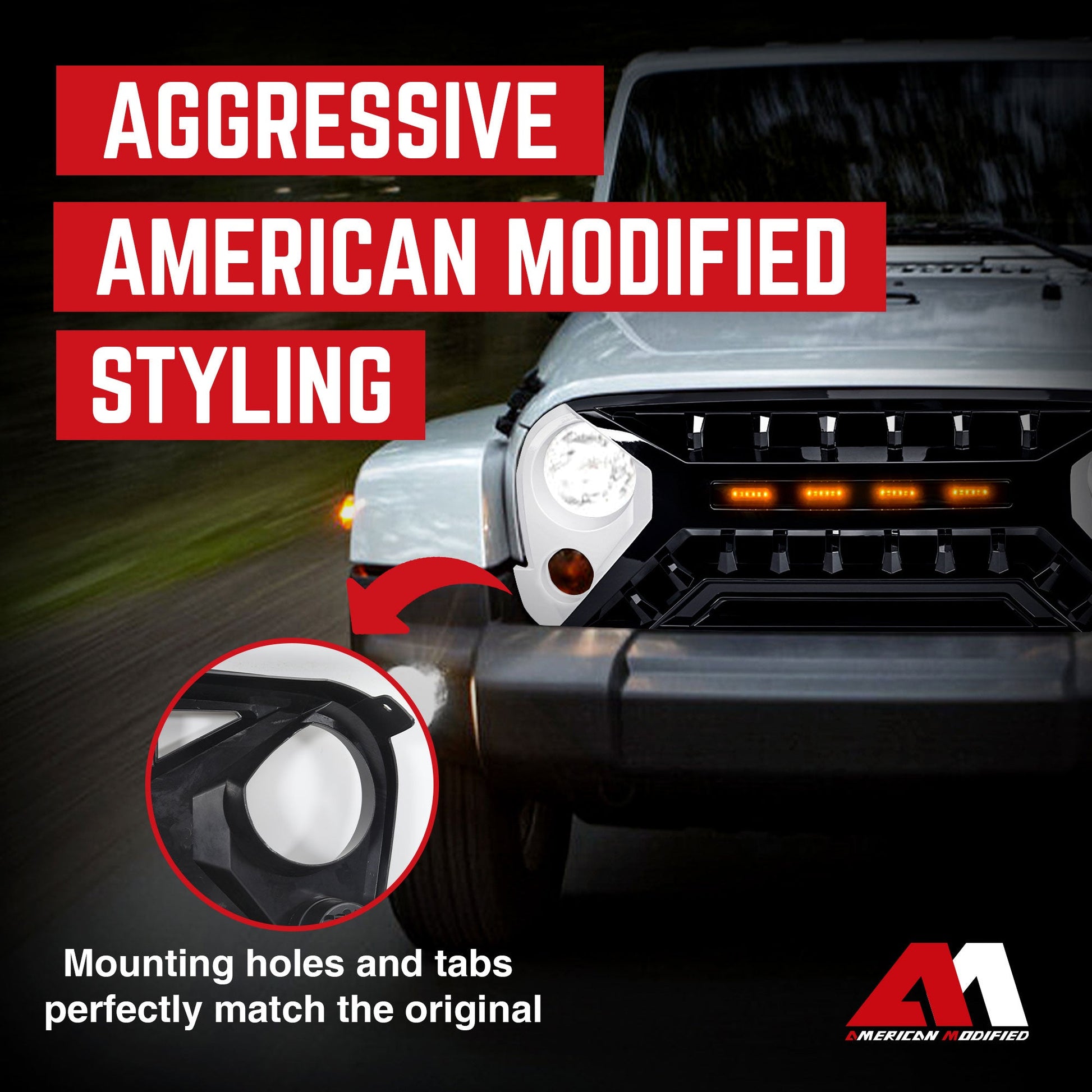 AMERICAN MODIFIED Armor Grille 07-18 Jeep Wrangler JK w/ Amber LED, White/Black - Find Fresh Goods