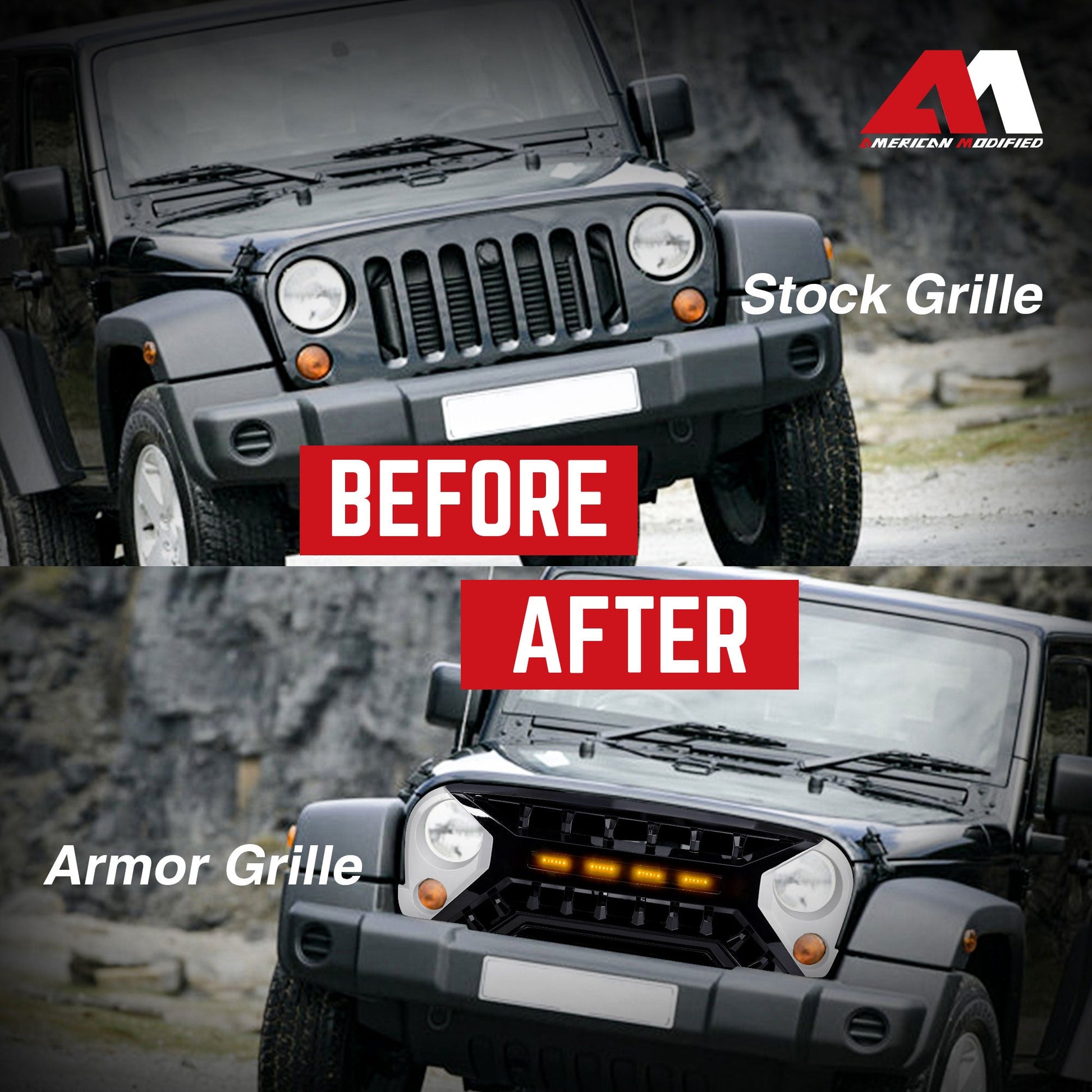 AMERICAN MODIFIED Armor Grille 07-18 Jeep Wrangler JK w/ Amber LED, White/Black - Find Fresh Goods