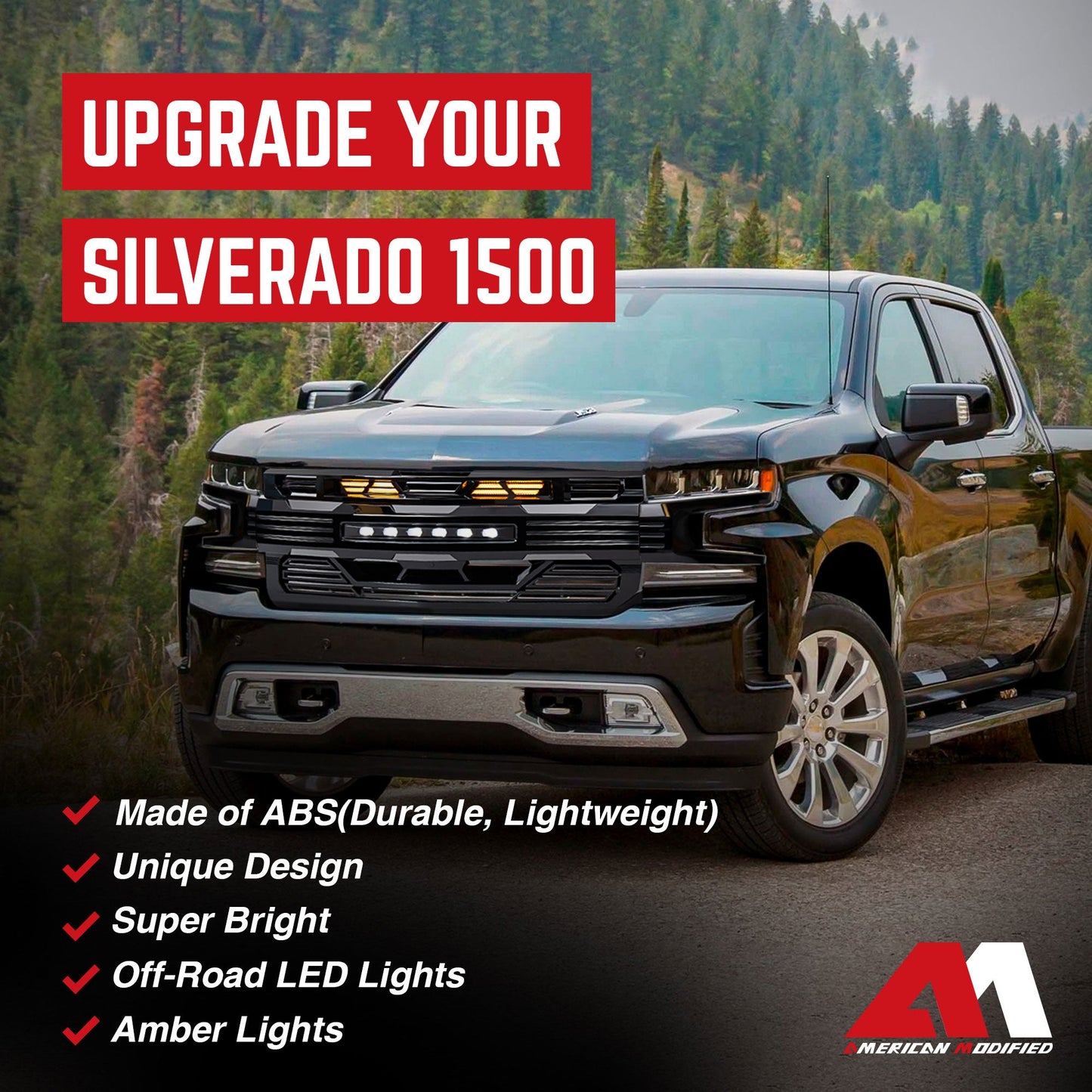 American Modified Armor Grille for 2019-2021 Chevy Silverado 1500, Glossy Black - Find Fresh Goods