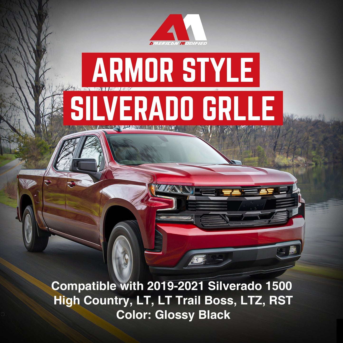 American Modified Armor Grille for 2019-2021 Chevy Silverado 1500, Glossy Black - Find Fresh Goods