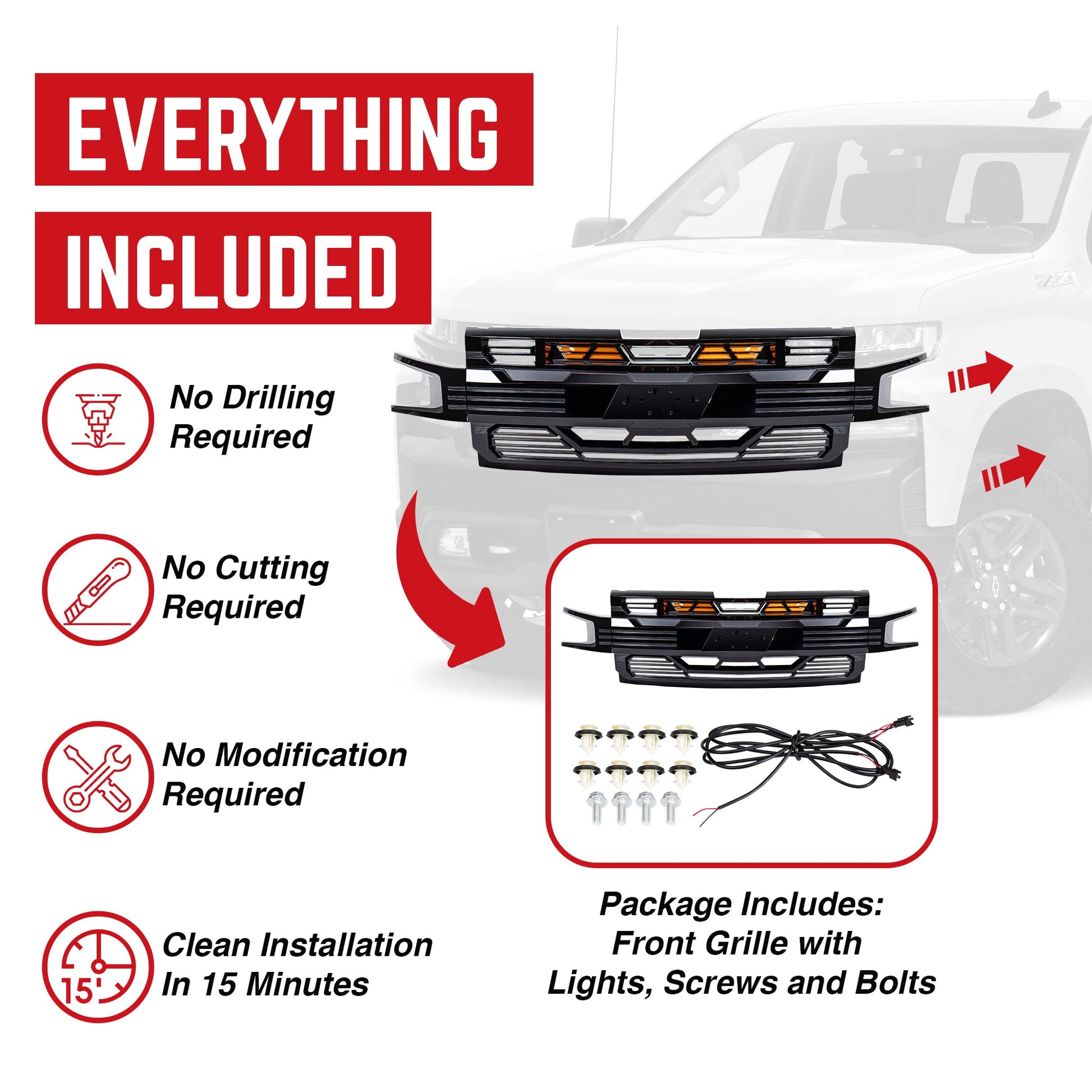 American Modified Armor Grille for 2019-2021 Chevy Silverado 1500, Glossy Black - Find Fresh Goods