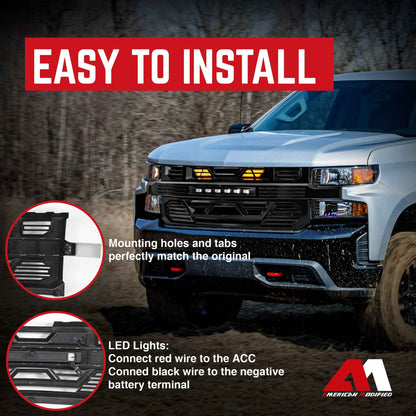 AMERICAN MODIFIED Grille w/ Lights for 19-21 Chevy Silverado 1500, Glossy Black