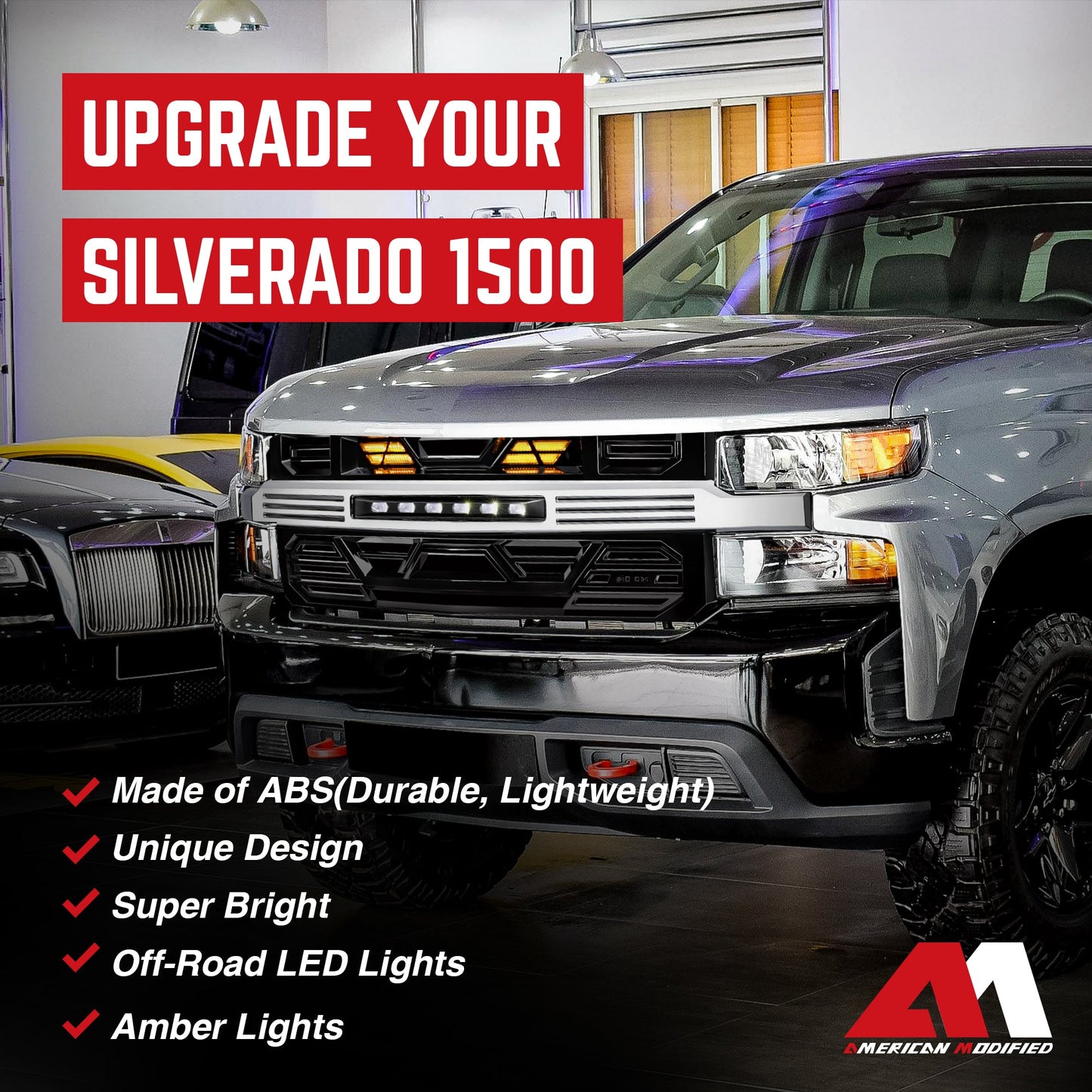 AMERICAN MODIFIED Armor Grille w/ Lights for 19-21 Chevy Silverado 1500, Chrome - Find Fresh Goods