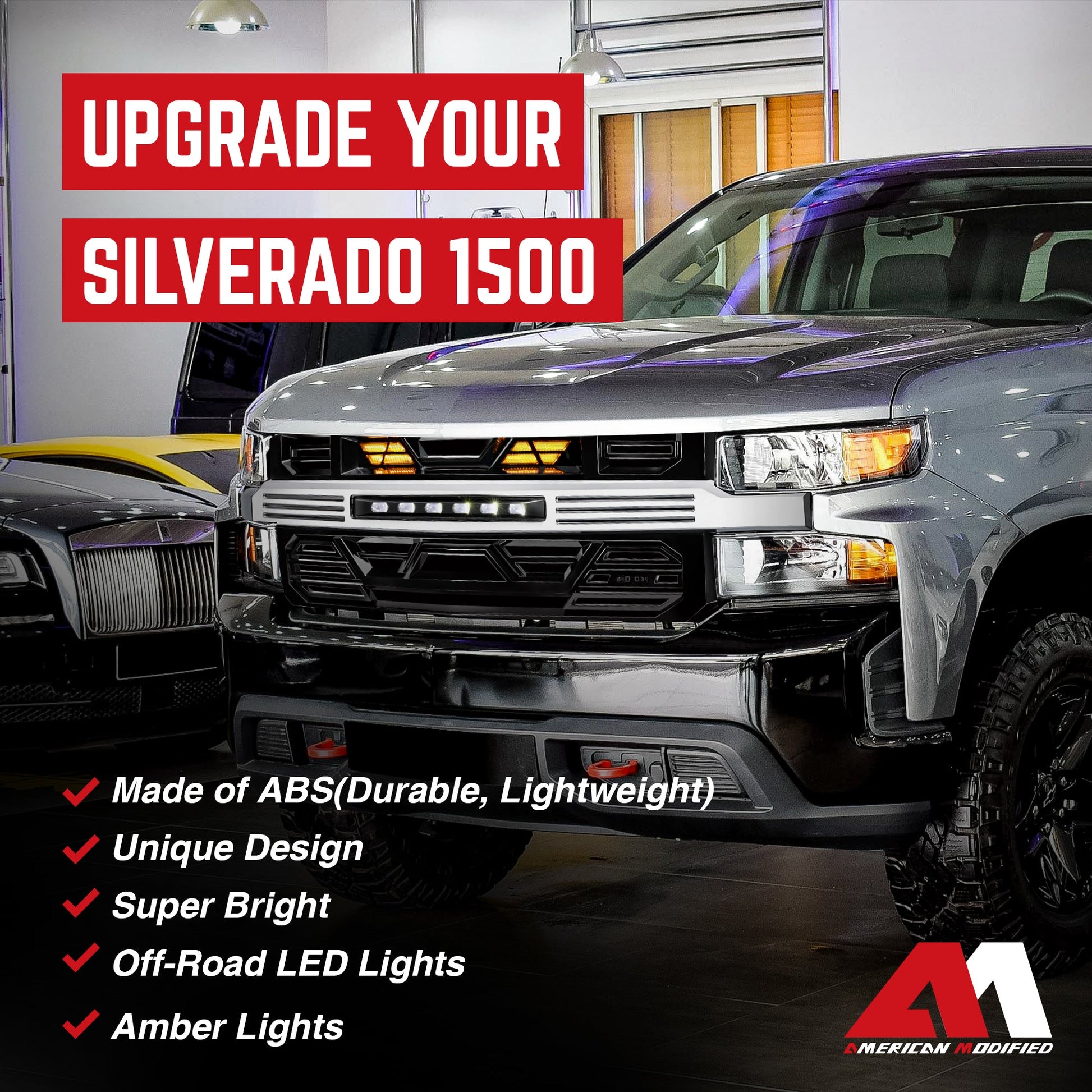 AMERICAN MODIFIED Armor Grille w/ Lights for 19-21 Chevy Silverado 1500, Chrome - Find Fresh Goods