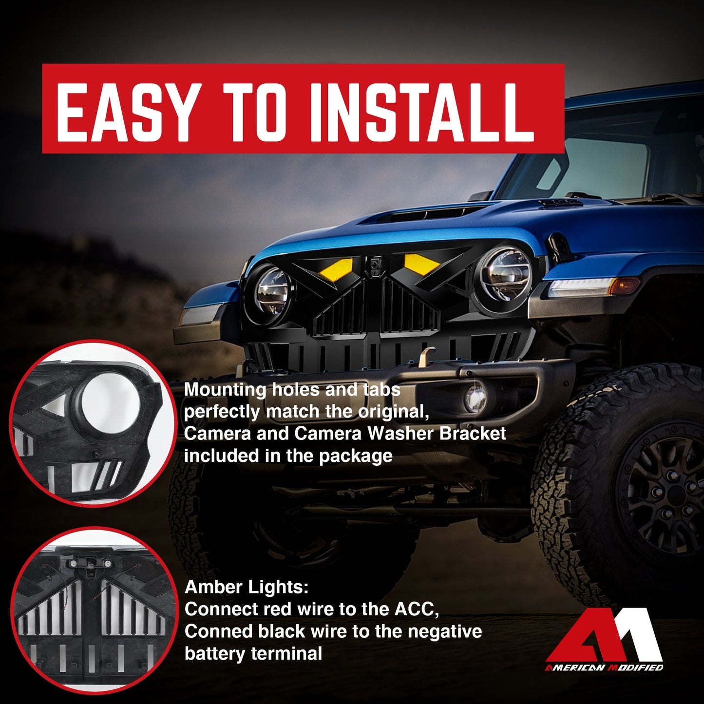 AMERICAN MODIFIED Grille for 2018-2023 Jeep Wrangler JL & Gladiator JT w/Camera - Find Fresh Goods