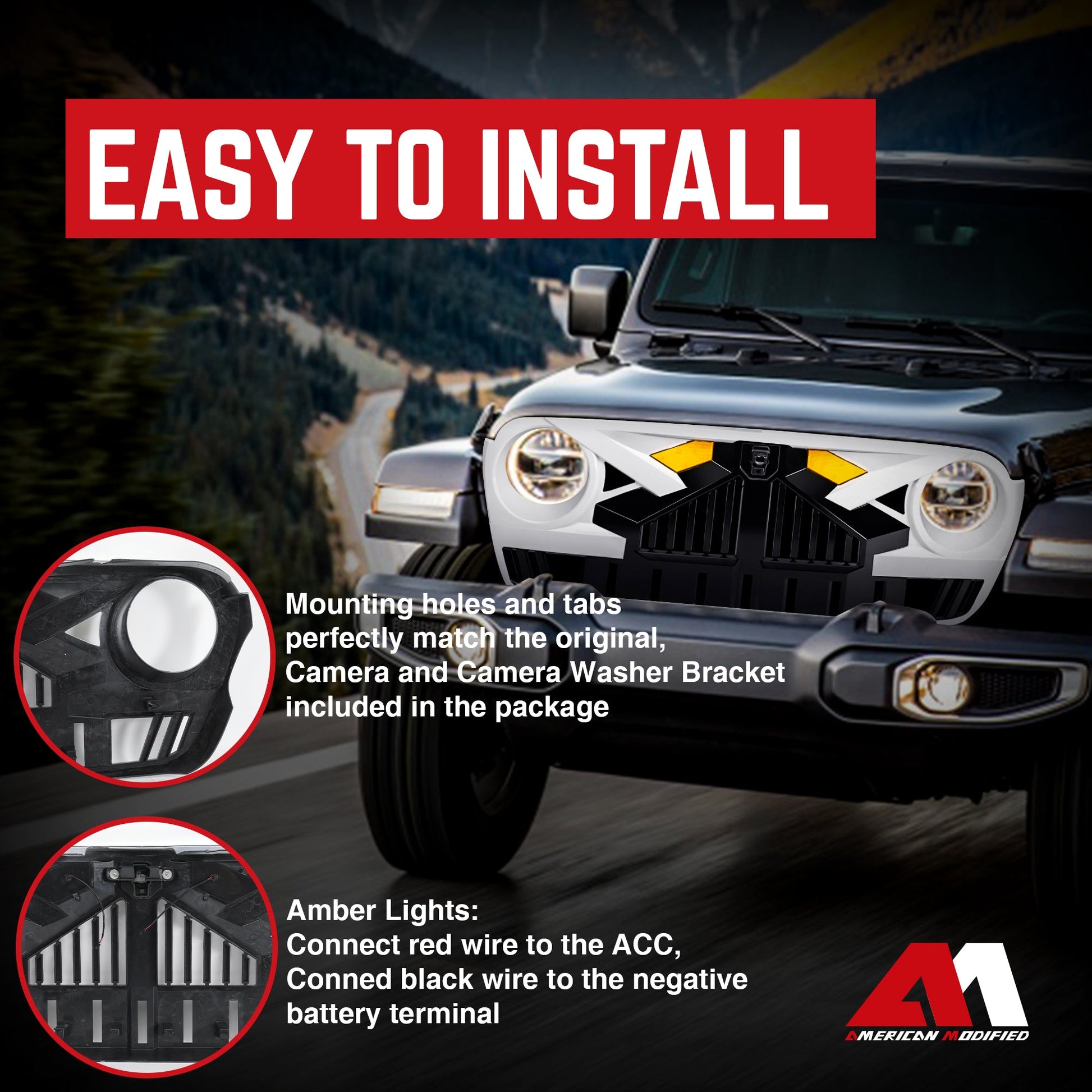 AMERICAN MODIFIED Grille for 2018+ Jeep Wrangler JL, 2020+ Gladiator JT w/Camera - Find Fresh Goods