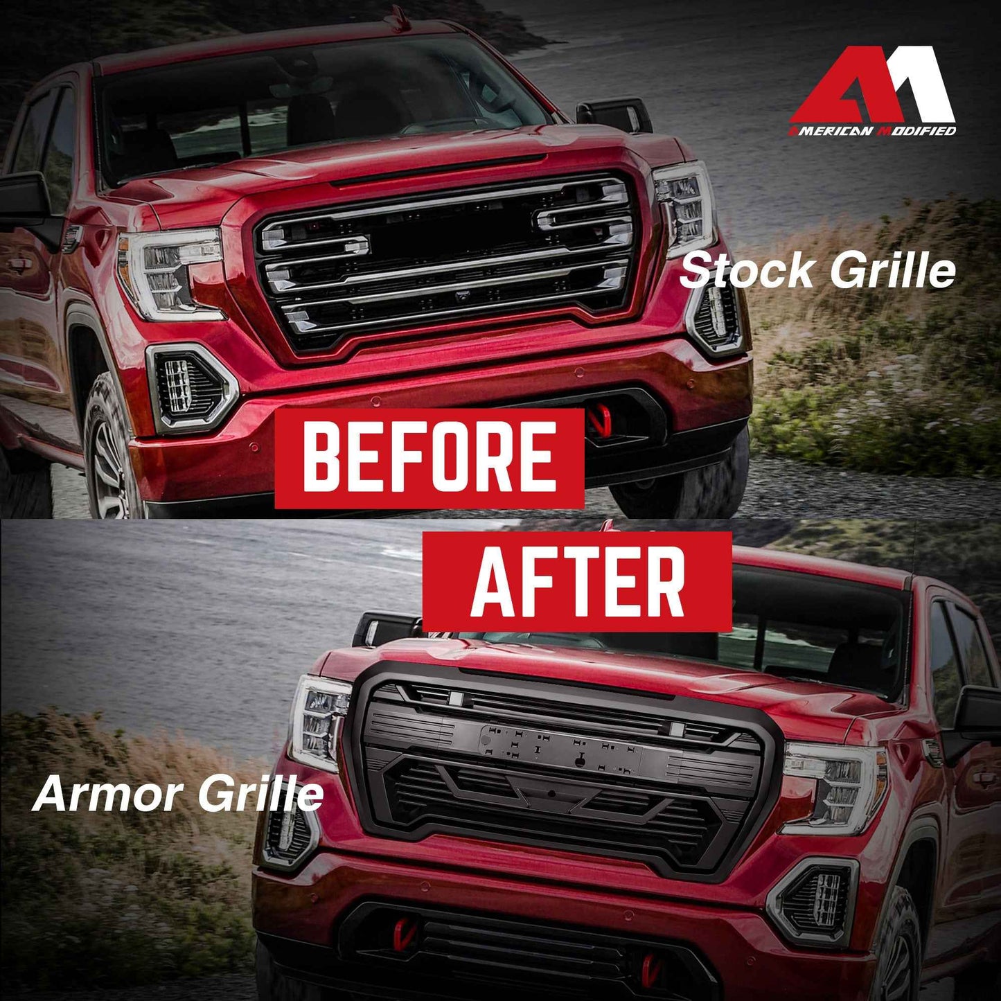 AMERICAN MODIFIED Grille w/Emblem Base, 2019-2021 GMC Sierra 1500, Matte Black