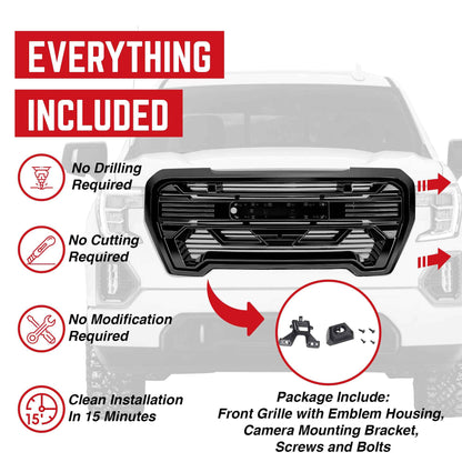 AMERICAN MODIFIED Grille w/Emblem Base, 2019-2021 GMC Sierra 1500, Glossy Black