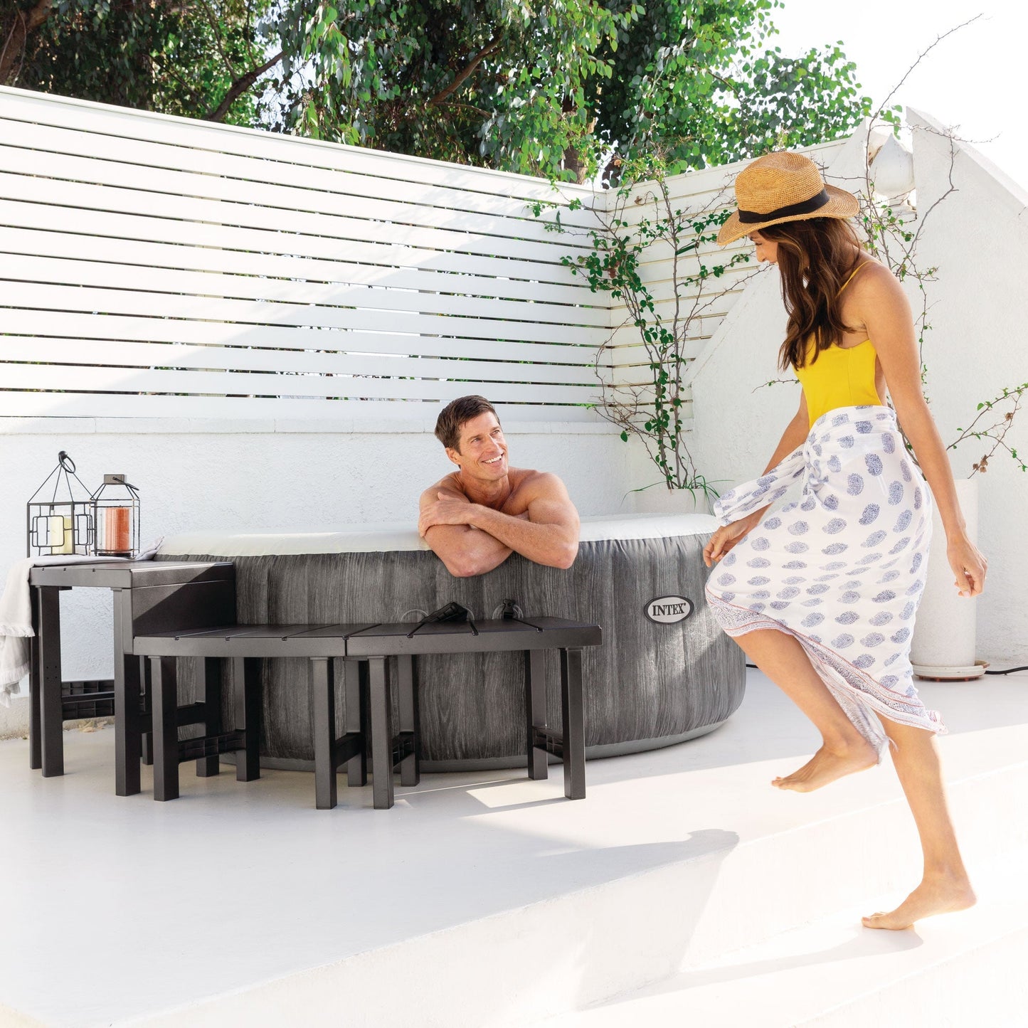 Intex PureSpa Greywood Deluxe Spa Set 140 Bubble Jet Hot Tub with Cover, 77"x28"