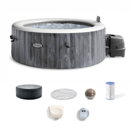 Intex PureSpa Greywood Deluxe Spa Set 140 Bubble Jet Hot Tub with Cover, 77"x28"