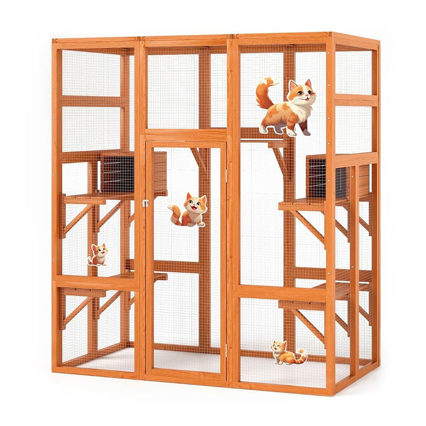 COZIWOW 70" Large Wooden Outdoor Cat House w/ Perches, UV-Resistant Roof, Orange