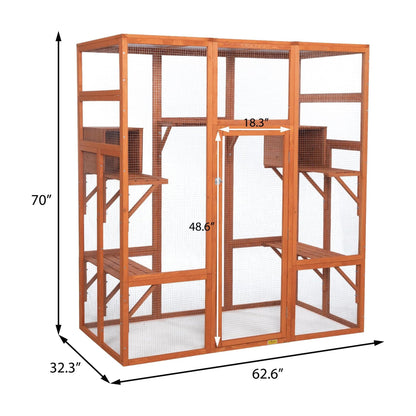 COZIWOW 70" Large Wooden Outdoor Cat House w/ Perches, UV-Resistant Roof, Orange