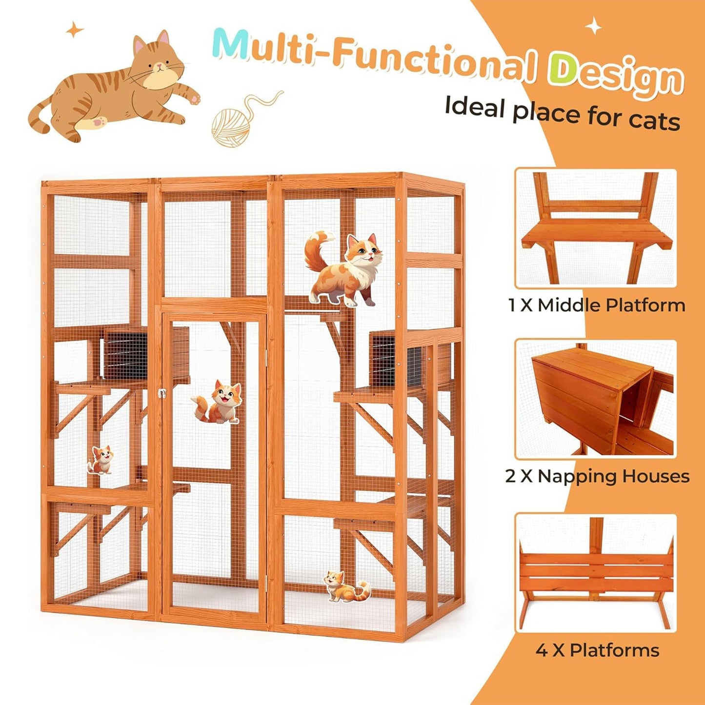 COZIWOW 70" Large Wooden Outdoor Cat House w/ Perches, UV-Resistant Roof, Orange