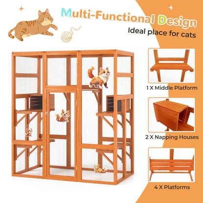 COZIWOW 70" Large Wooden Outdoor Cat House w/ Perches, UV-Resistant Roof, Orange