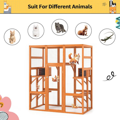 COZIWOW 70" Large Wooden Outdoor Cat House w/ Perches, UV-Resistant Roof, Orange