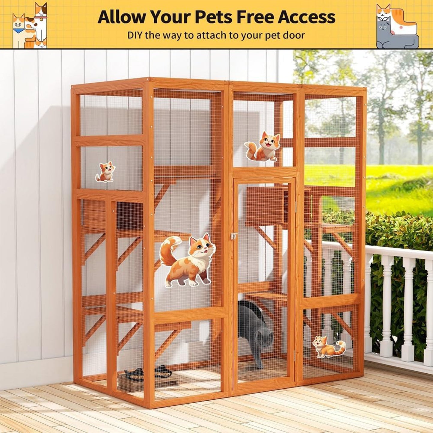 COZIWOW 70" Large Wooden Outdoor Cat House w/ Perches, UV-Resistant Roof, Orange