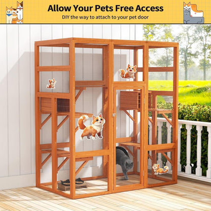 COZIWOW 70" Large Wooden Outdoor Cat House w/ Perches, UV-Resistant Roof, Orange