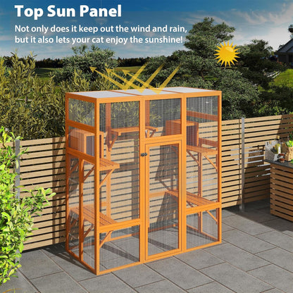 COZIWOW 70" Large Wooden Outdoor Cat House w/ Perches, UV-Resistant Roof, Orange