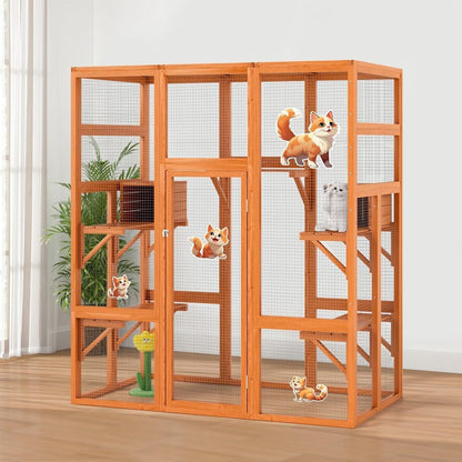 COZIWOW 70" Large Wooden Outdoor Cat House w/ Perches, UV-Resistant Roof, Orange