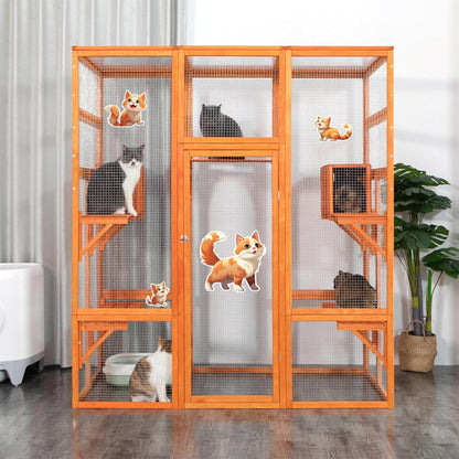 COZIWOW 70" Large Wooden Outdoor Cat House w/ Perches, UV-Resistant Roof, Orange