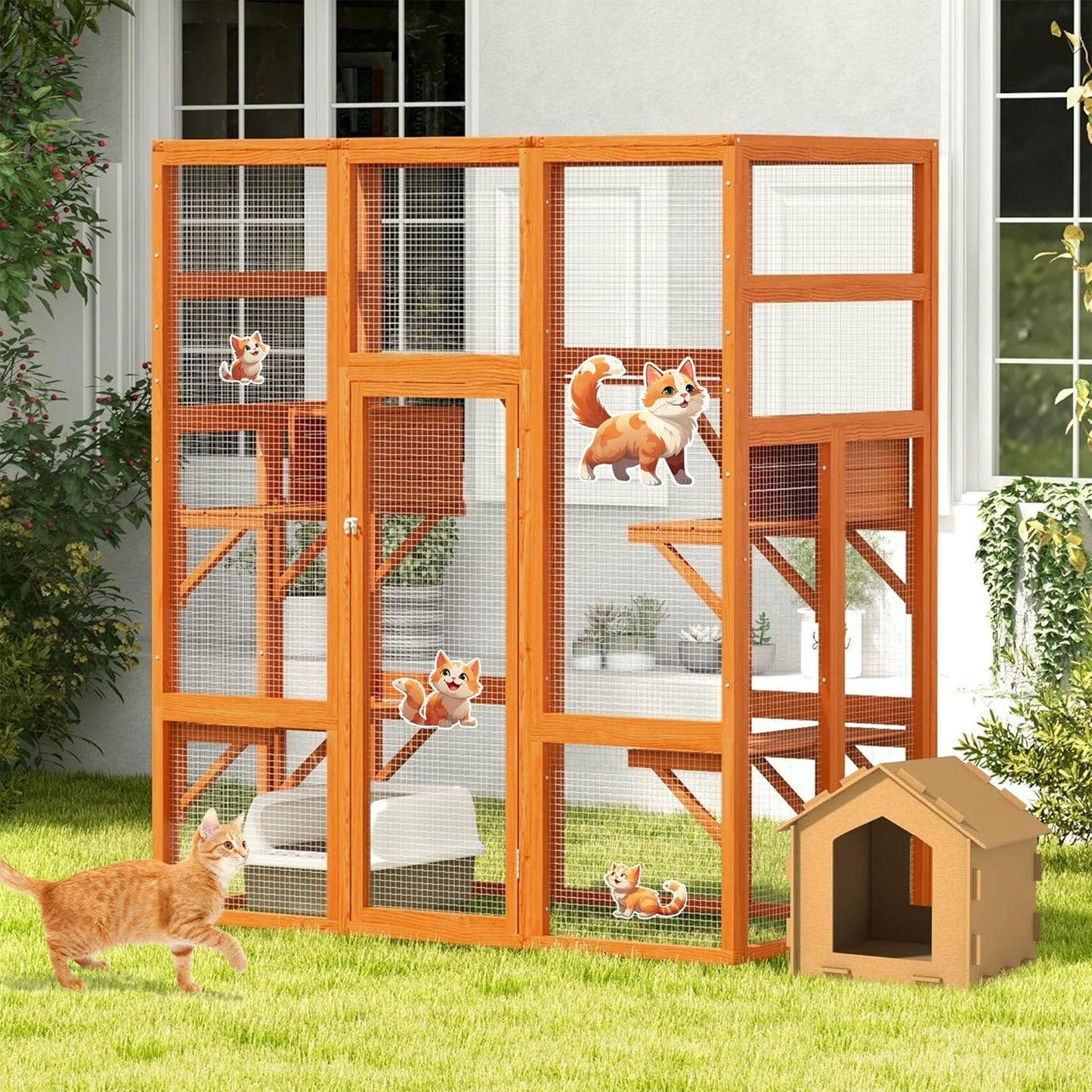 COZIWOW 70" Large Wooden Outdoor Cat House w/ Perches, UV-Resistant Roof, Orange