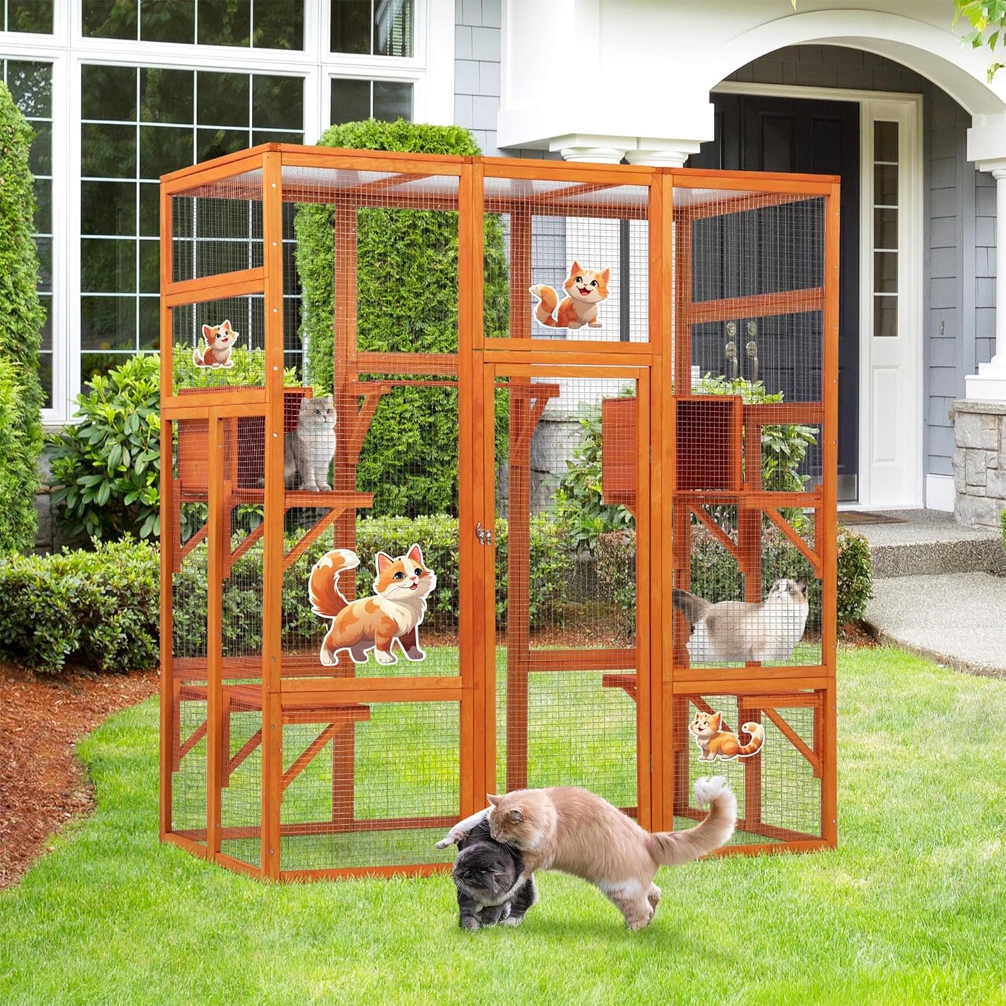 COZIWOW 70" Large Wooden Outdoor Cat House w/ Perches, UV-Resistant Roof, Orange