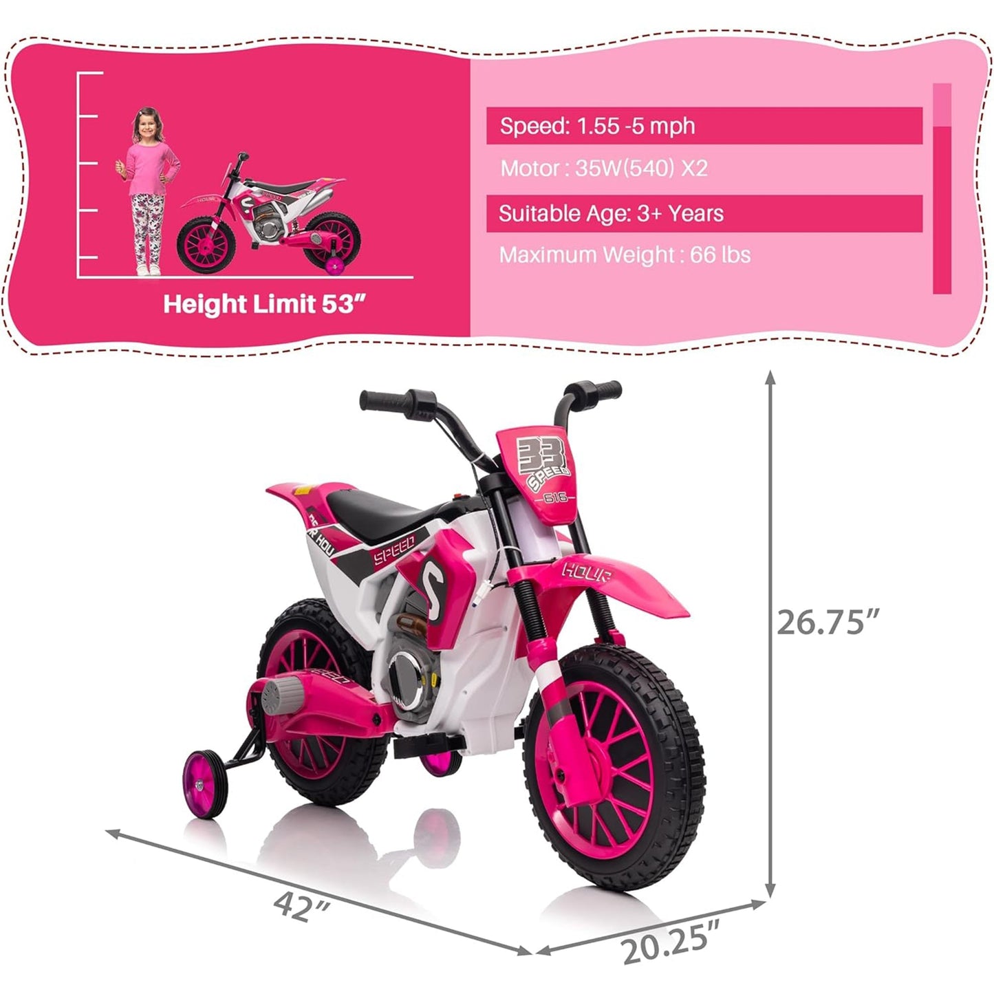 TOBBI 12 Volt Toddler Motorcycle Kids Dirt Bike with Training Wheels, Rose Pink