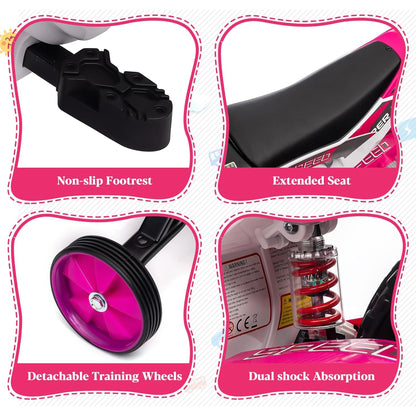 TOBBI 12 Volt Toddler Motorcycle Kids Dirt Bike with Training Wheels, Rose Pink