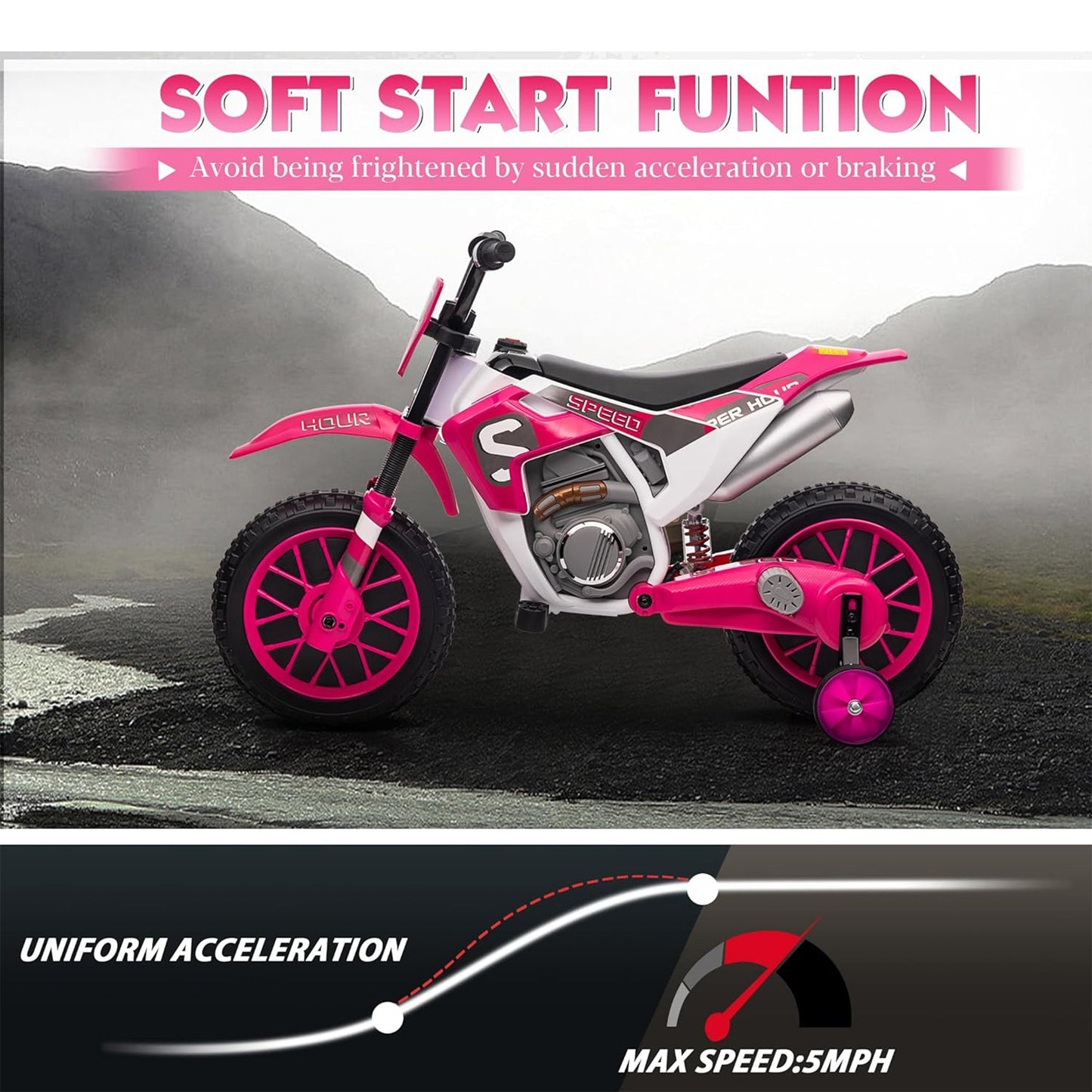TOBBI 12 Volt Toddler Motorcycle Kids Dirt Bike with Training Wheels, Rose Pink