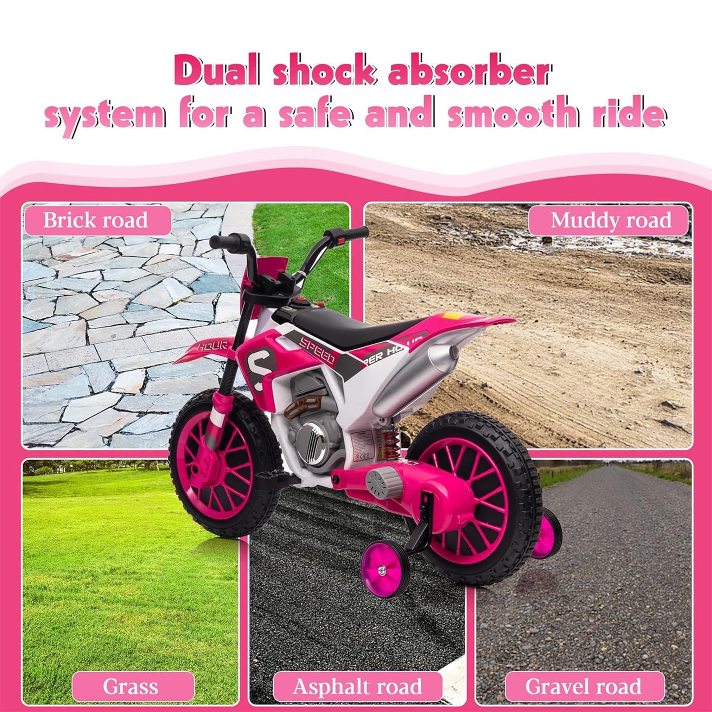 TOBBI 12 Volt Toddler Motorcycle Kids Dirt Bike with Training Wheels, Rose Pink