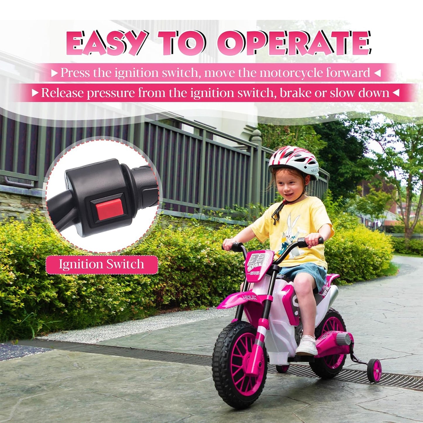 TOBBI 12 Volt Toddler Motorcycle Kids Dirt Bike with Training Wheels, Rose Pink
