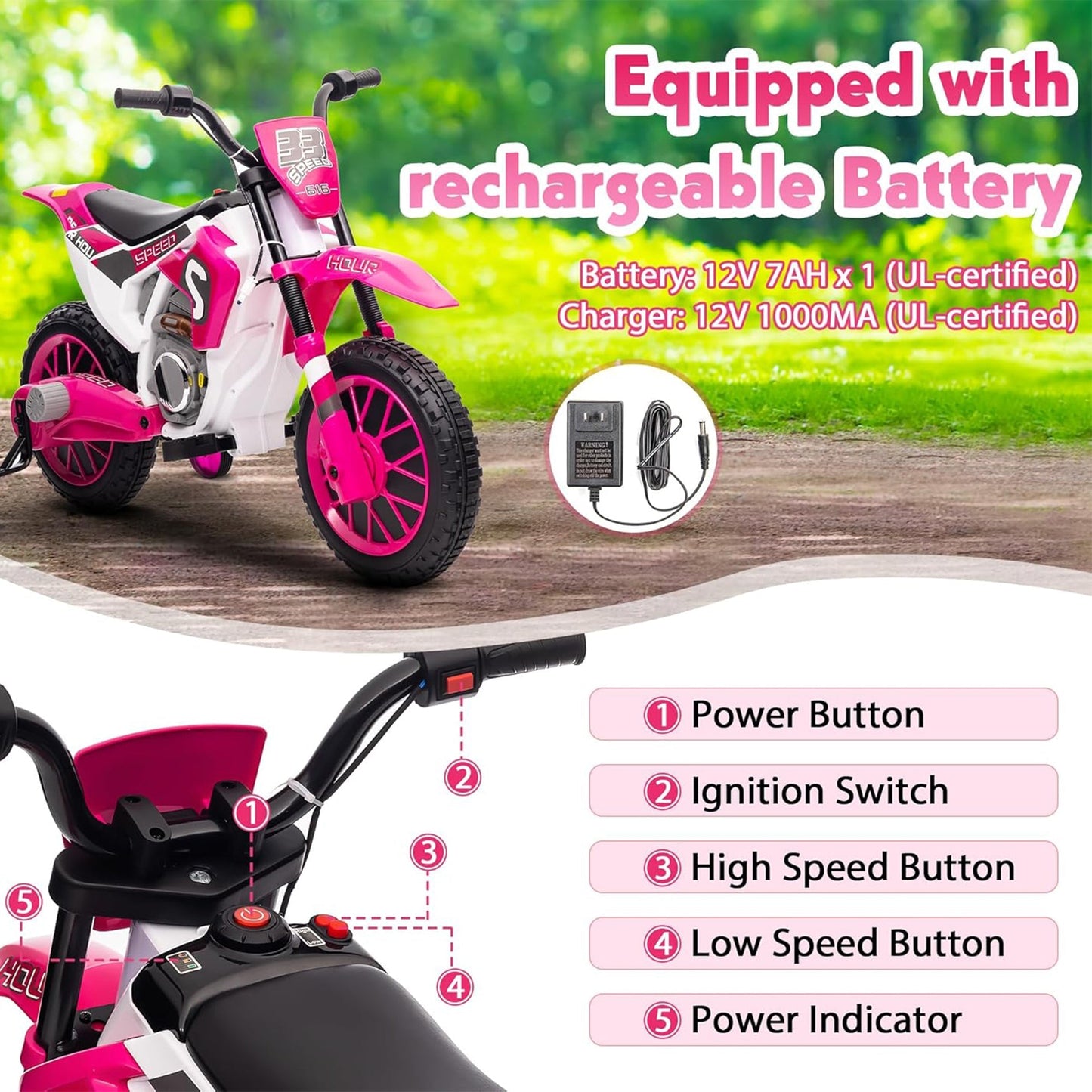 TOBBI 12 Volt Toddler Motorcycle Kids Dirt Bike with Training Wheels, Rose Pink