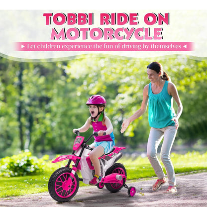 TOBBI 12 Volt Toddler Motorcycle Kids Dirt Bike with Training Wheels, Rose Pink