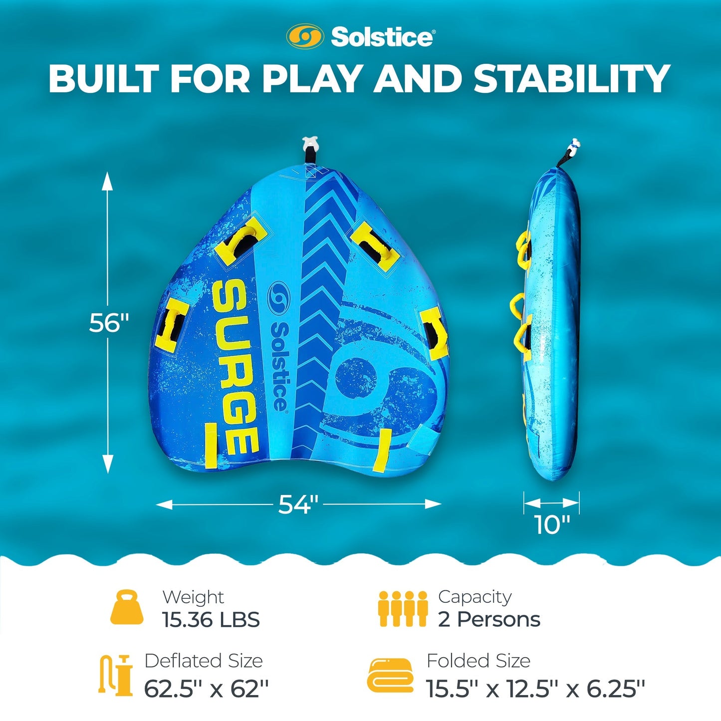 Solstice Surge Inflatable Towable 2-Person Water Sport Tube with 6 Handles