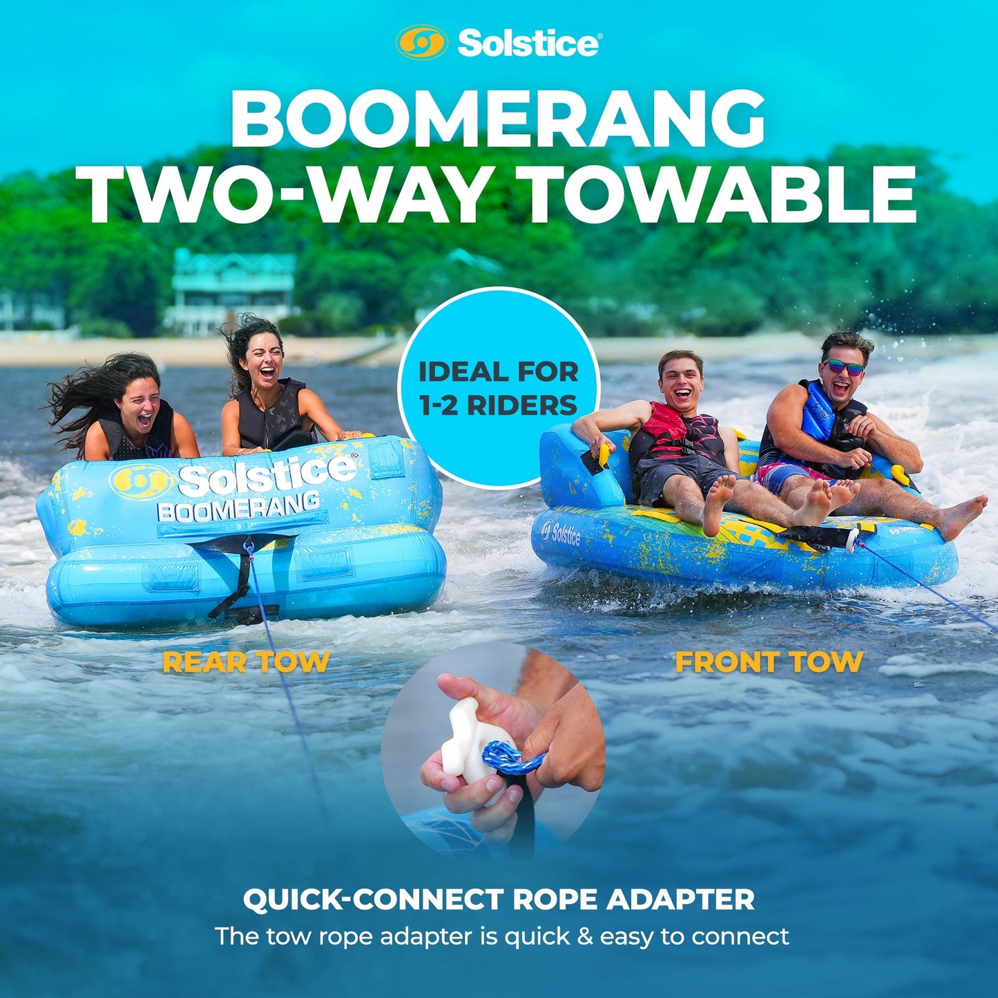 Solstice Boomerang Inflatable Towable 2-Person Water Sport Tube with 14 Handles