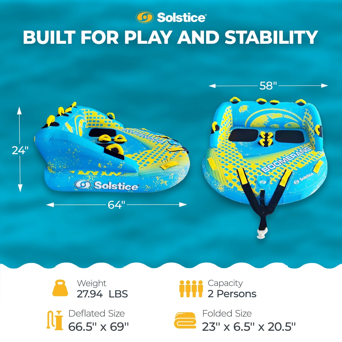 Solstice Boomerang Inflatable Towable 2-Person Water Sport Tube with 14 Handles