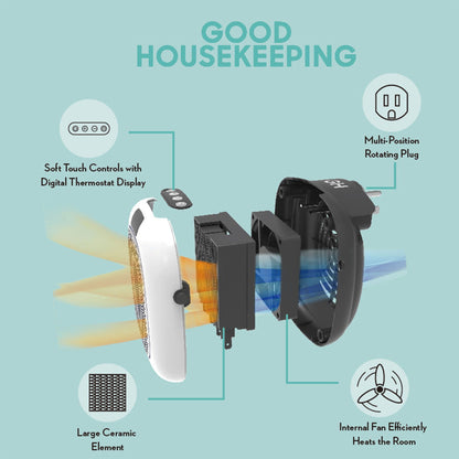 Good Housekeeping Wall-Mount Indoor Mini Space Heater w/ Thermostat, 750W, White