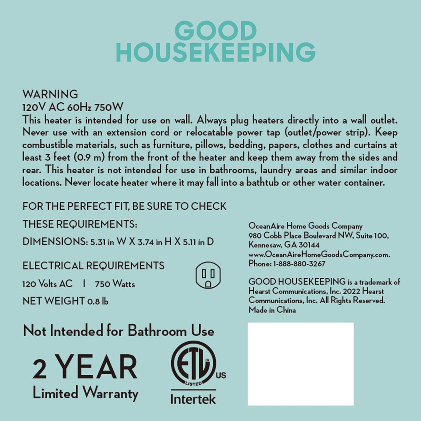 Good Housekeeping Wall-Mount Indoor Mini Space Heater w/ Thermostat, 750W, White