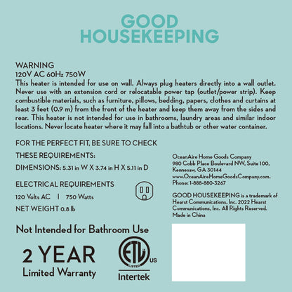 Good Housekeeping Wall-Mount Indoor Mini Space Heater w/ Thermostat, 750W, White