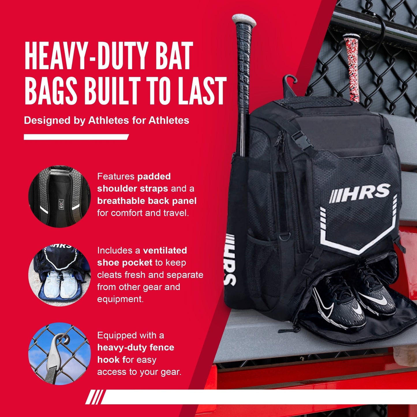 Hit Run Steal Bat Bag Backpack, Holds up to 4 Bats, Glove, and Helmet, Black