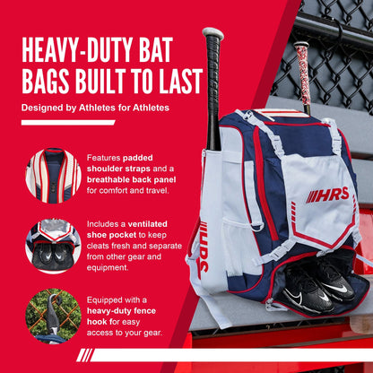 Hit Run Steal Bat Bag Backpack, Holds 4 Bats, Glove, and Helmet, Red/White/Blue